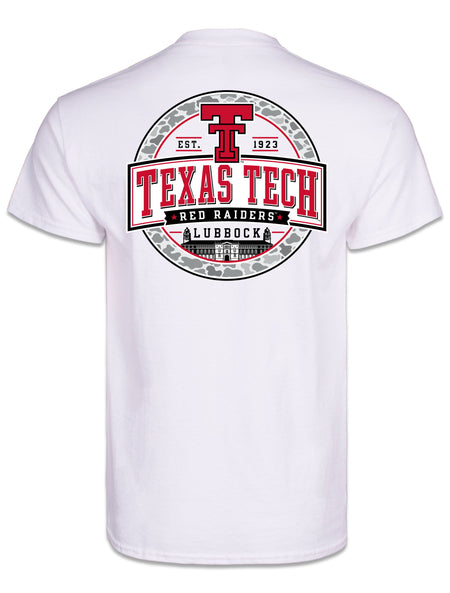 Back of the white Texas Tech Around Town t-shirt with a circle seal of the throwback Double T, TEXAS TECH, RED RAIDERS and LUBBOCK over the Administration Building inside a grey camo ring