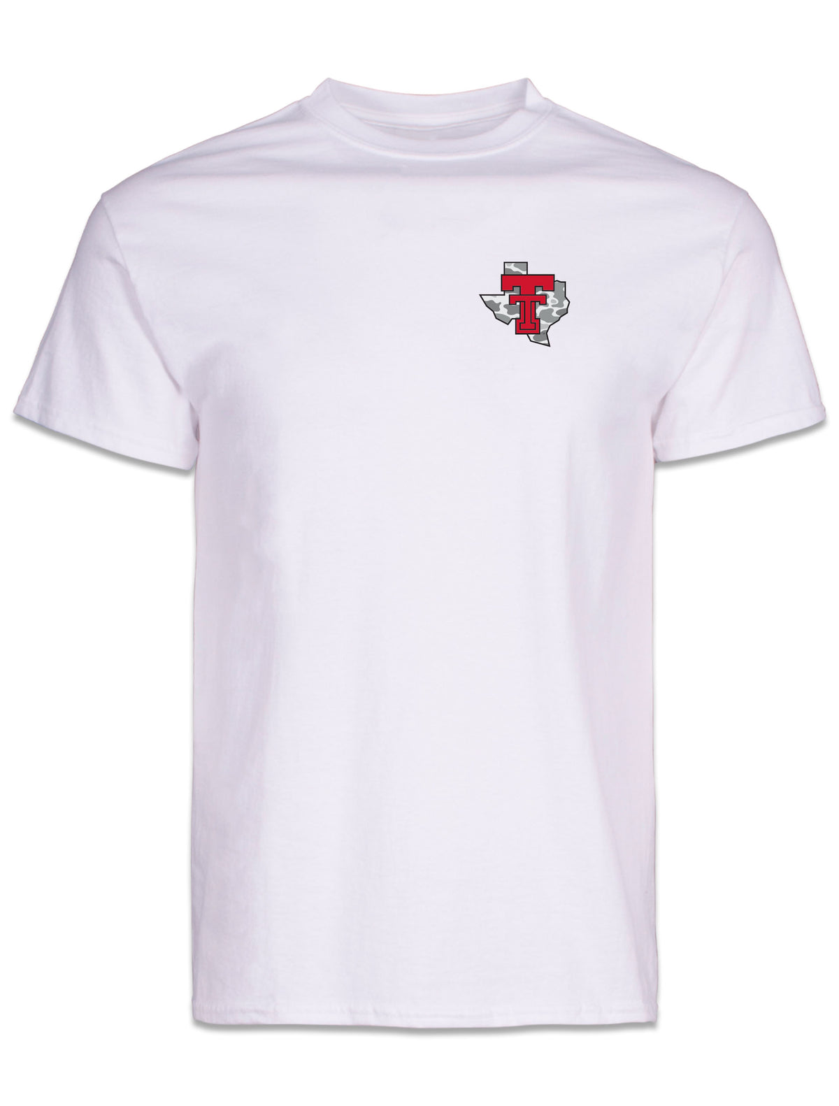 Front of the white Texas Tech Around Town t-shirt with the Lone Star Pride logo, a red throwback Double T over a grey camo Texas, on the left chest