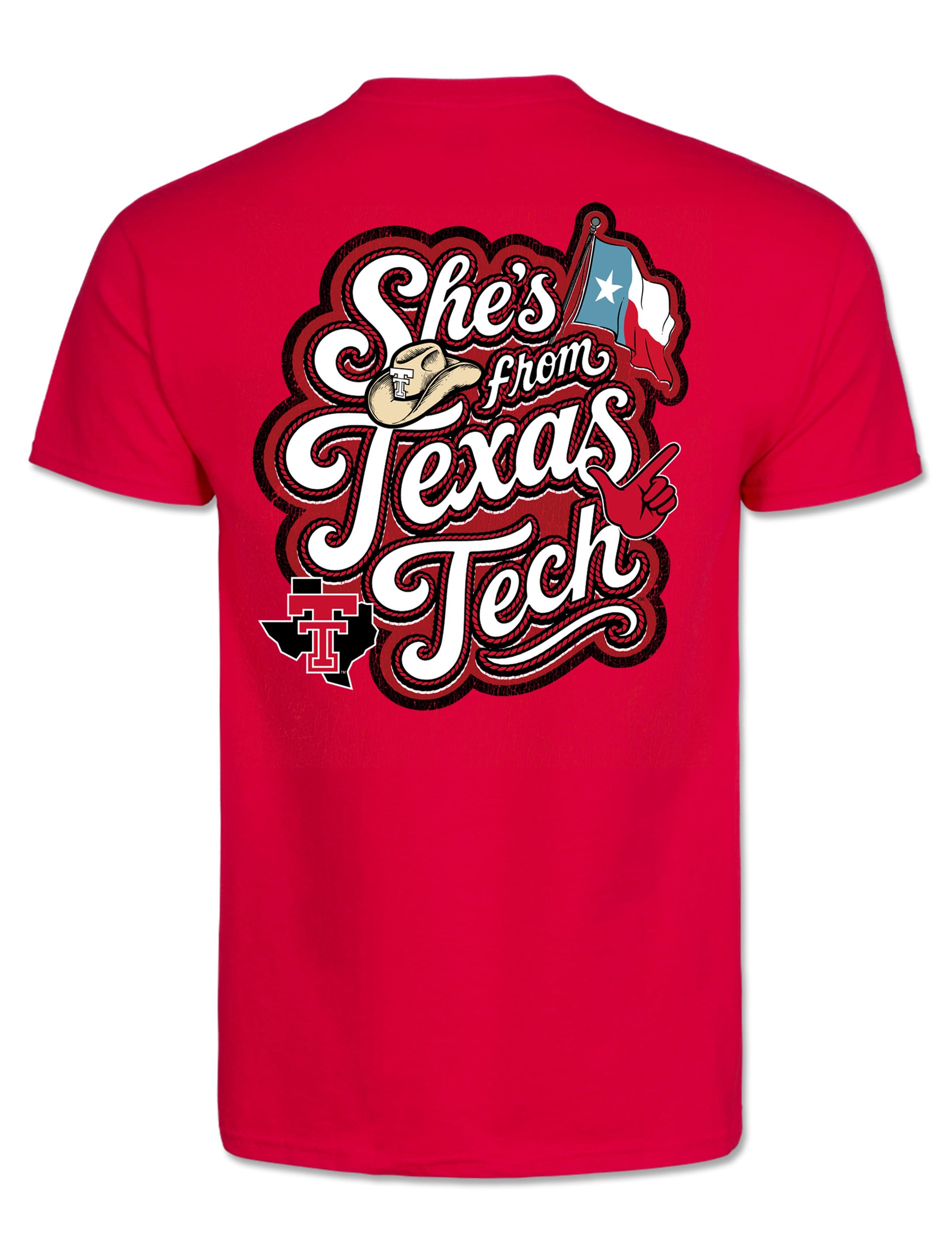 Back of the red Texas Tech “Back Roads” t-shirt showing the rope script “She’s from Texas Tech” graphic with a straw cowboy hat, Texas flag and Guns Up hand