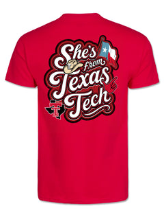 Back of the red Texas Tech “Back Roads” t-shirt showing the rope script “She’s from Texas Tech” graphic with a straw cowboy hat, Texas flag and Guns Up hand