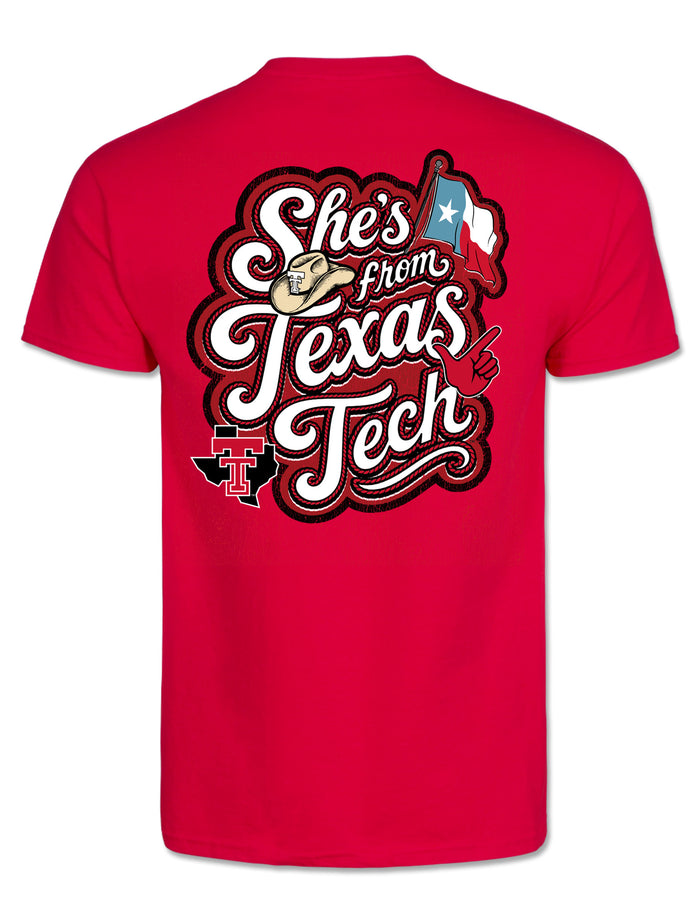 Back of the red Texas Tech “Back Roads” t-shirt showing the rope script “She’s from Texas Tech” graphic with a straw cowboy hat, Texas flag and Guns Up hand