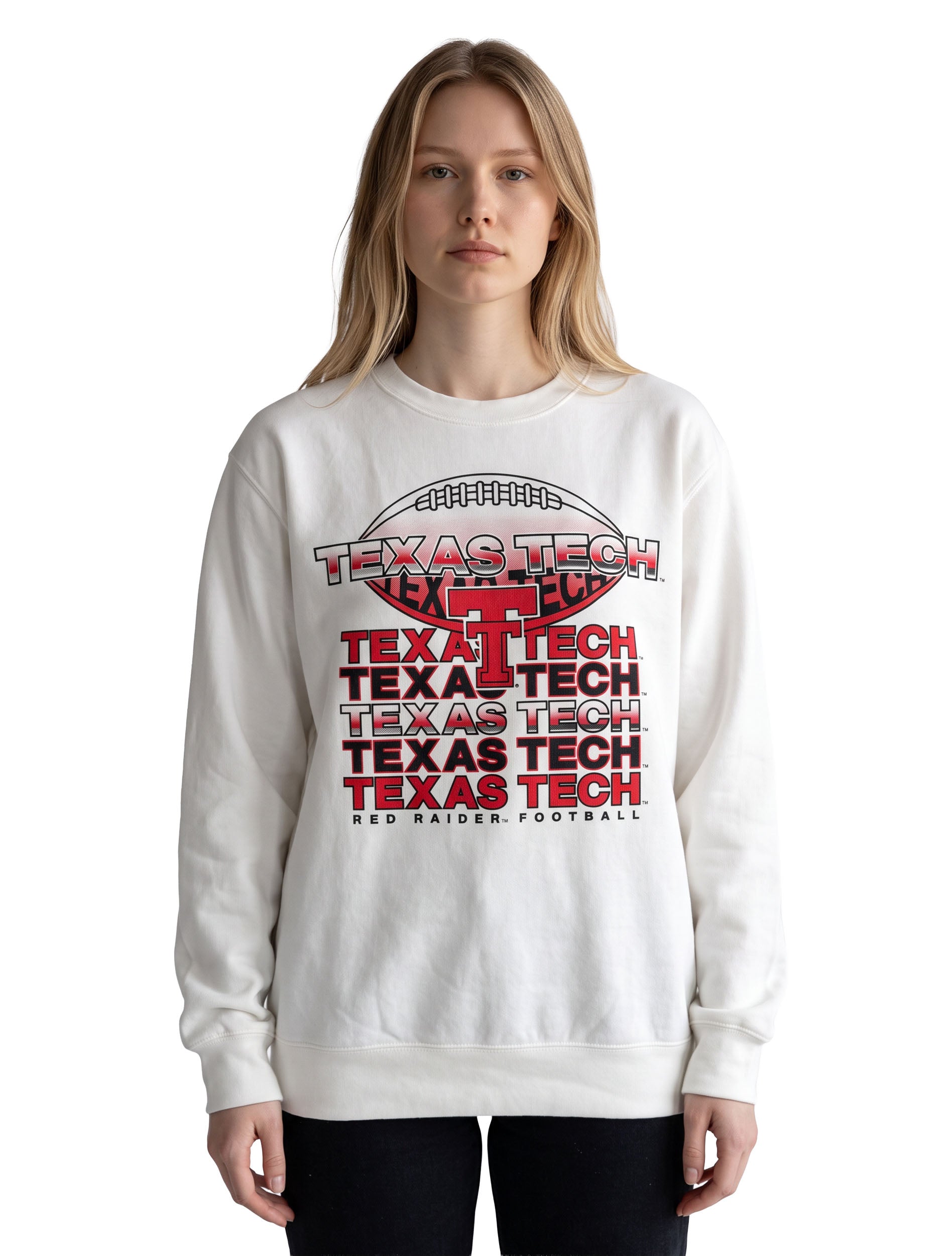 Model wearing the white Texas Tech crewneck sweatshirt with a football graphic and TEXAS TECH repeated over a red Double T