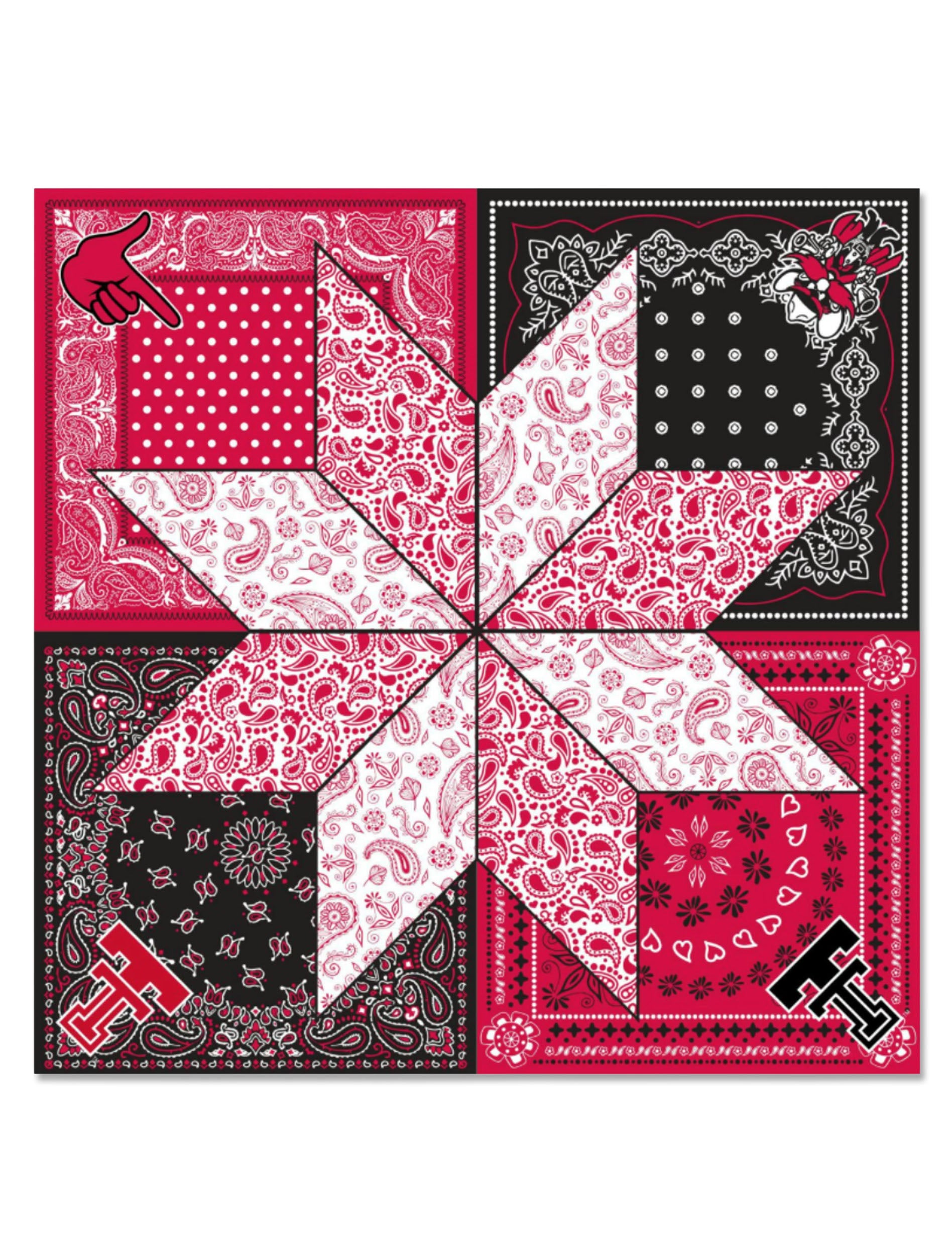 Texas Tech square scarf in a red, black, and white bandana patchwork with an eight-point paisley star, and the Guns Up hand, Raider Red, and Double T in the corners
