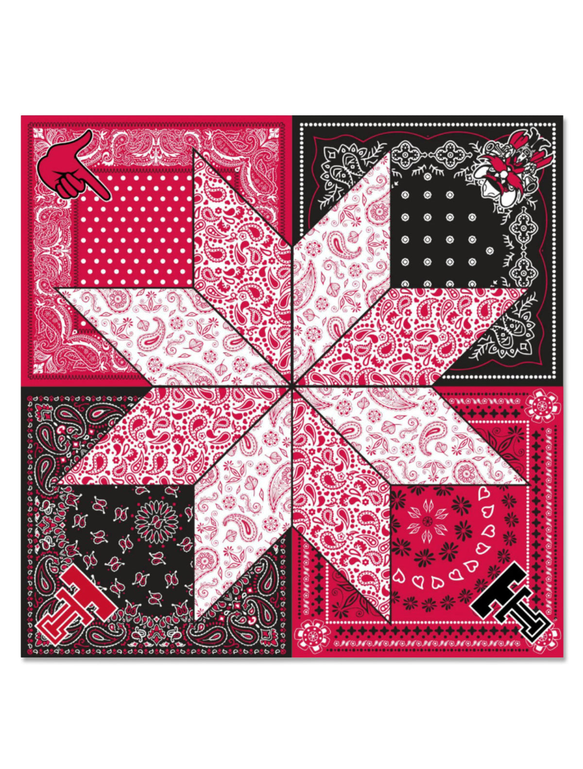 Texas Tech square scarf in a red, black, and white bandana patchwork with an eight-point paisley star, and the Guns Up hand, Raider Red, and Double T in the corners