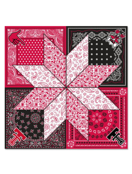 Texas Tech square scarf in a red, black, and white bandana patchwork with an eight-point paisley star, and the Guns Up hand, Raider Red, and Double T in the corners
