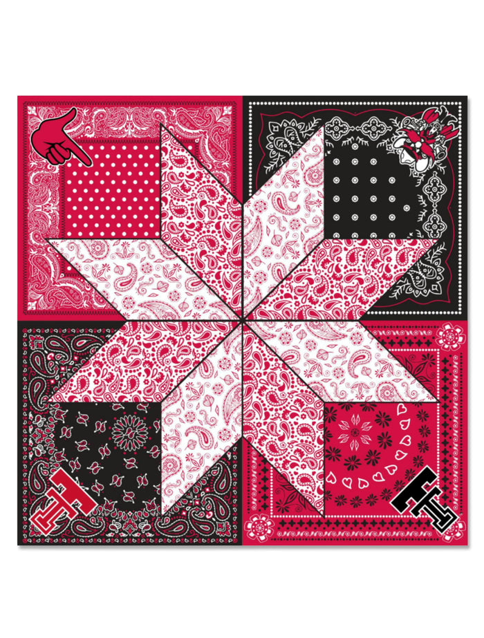 Texas Tech square scarf in a red, black, and white bandana patchwork with an eight-point paisley star, and the Guns Up hand, Raider Red, and Double T in the corners