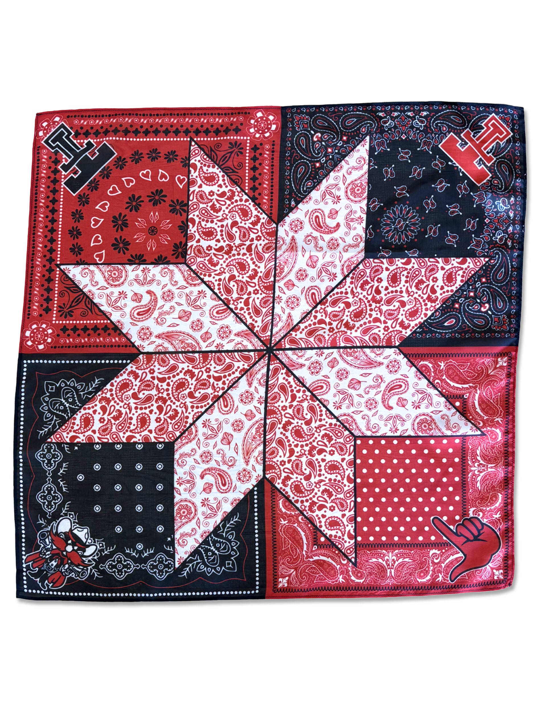 The Texas Tech bandana patchwork square scarf shown folded, with the paisley star and corner marks visible