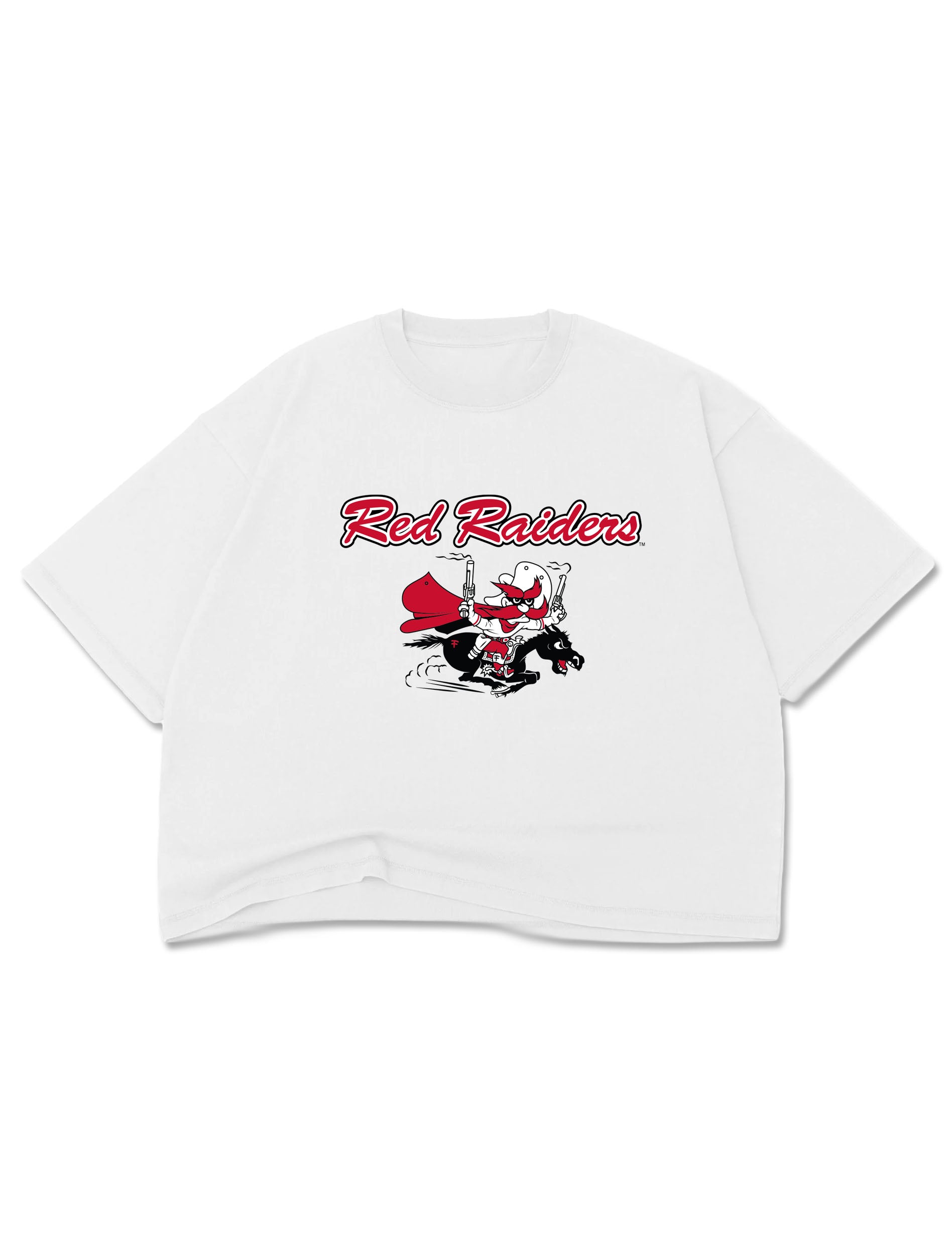Flat view of the white Texas Tech crop tee with Red Raiders script and the vintage Masked Rider cartoon on the chest