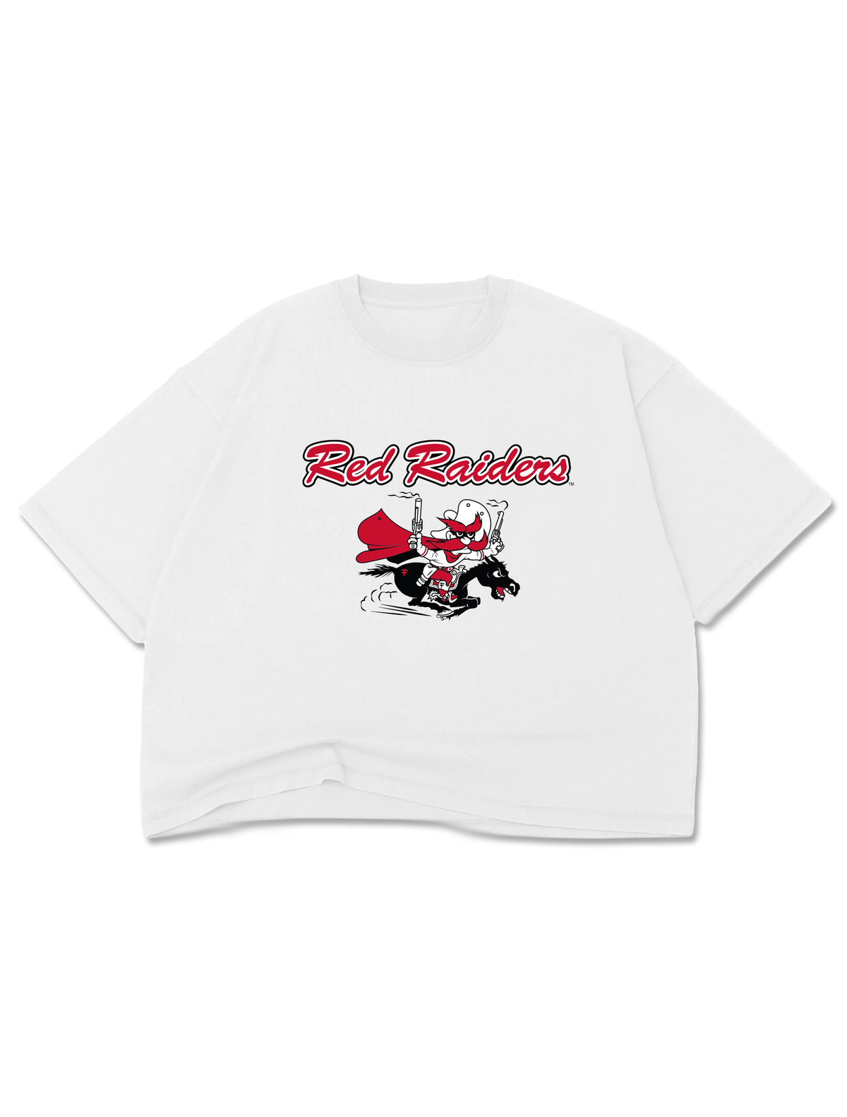 Flat view of the white Texas Tech crop tee with Red Raiders script and the vintage Masked Rider cartoon on the chest
