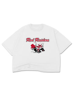 Flat view of the white Texas Tech crop tee with Red Raiders script and the vintage Masked Rider cartoon on the chest