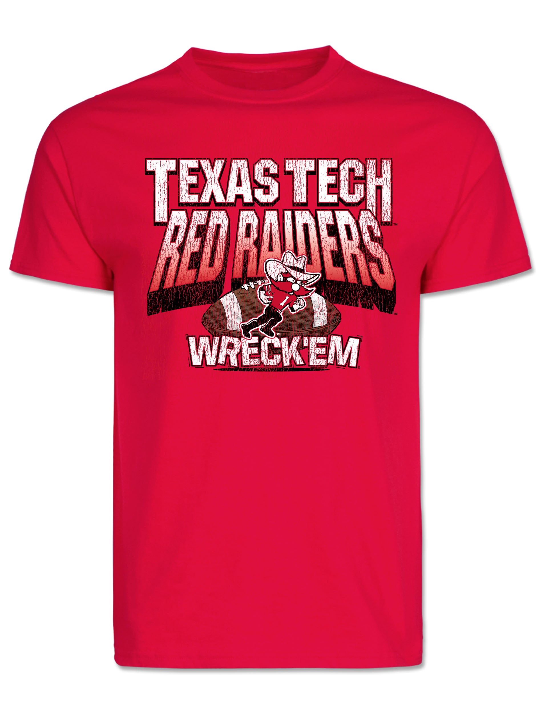 Red Texas Tech tee with TEXAS TECH over RED RAIDERS in distressed block lettering, Raider Red with a football, and WRECK EM below
