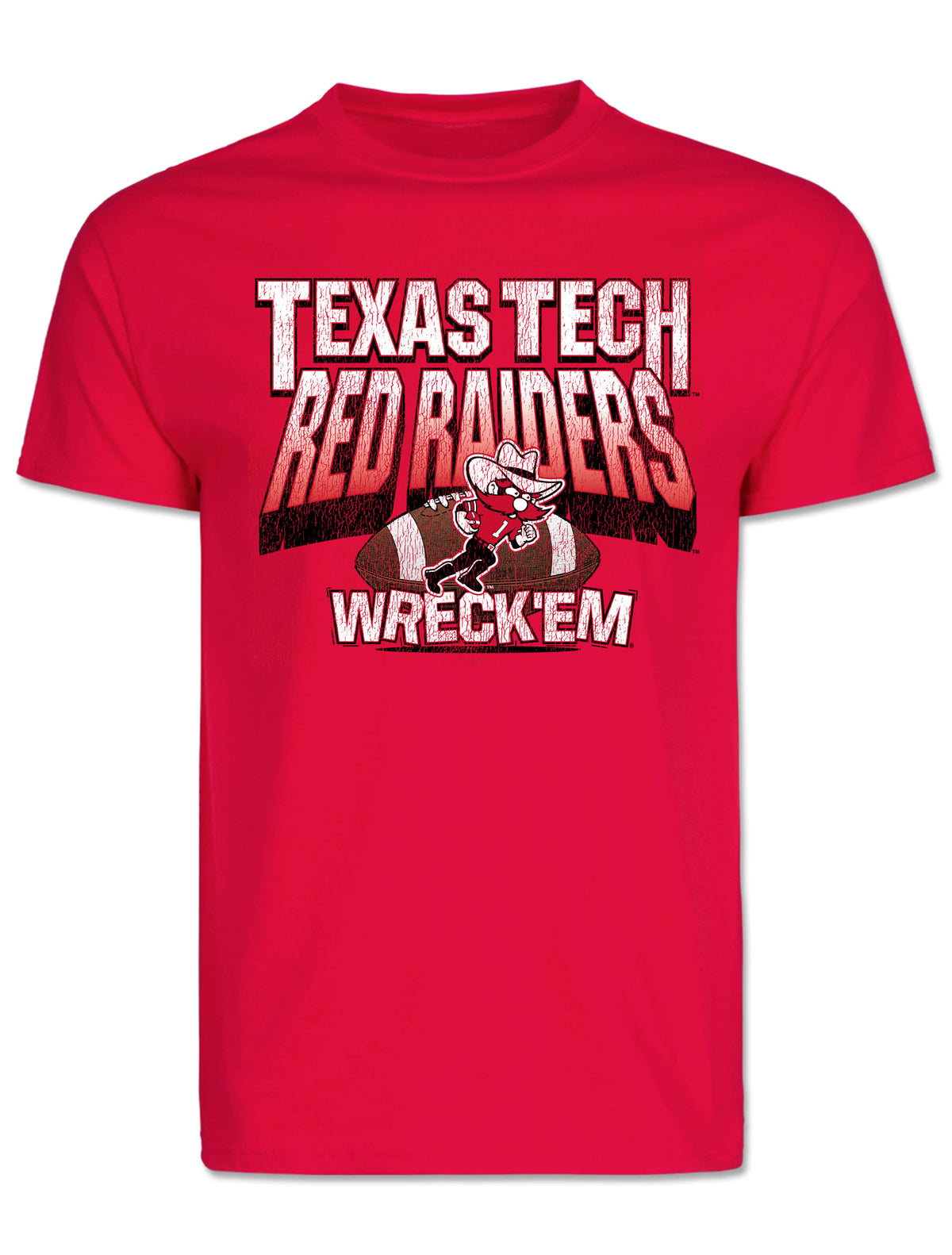 Red Texas Tech tee with TEXAS TECH over RED RAIDERS in distressed block lettering, Raider Red with a football, and WRECK EM below