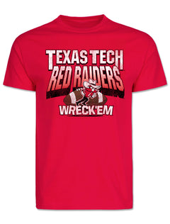 Red Texas Tech tee with TEXAS TECH over RED RAIDERS in distressed block lettering, Raider Red with a football, and WRECK EM below