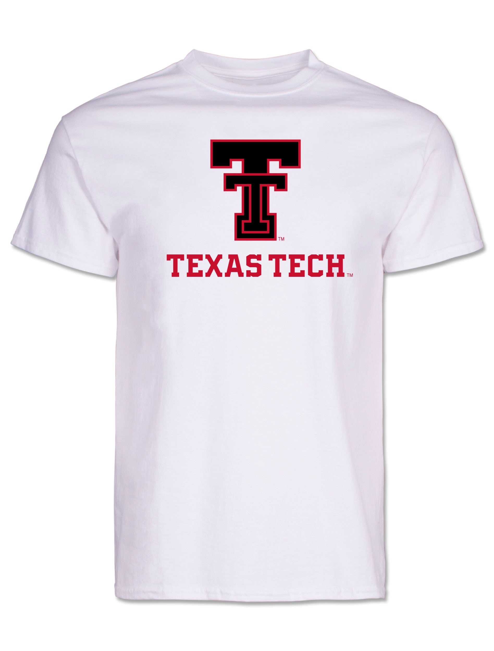 White Texas Tech tee with a black Double T outlined in red above TEXAS TECH in red block letters
