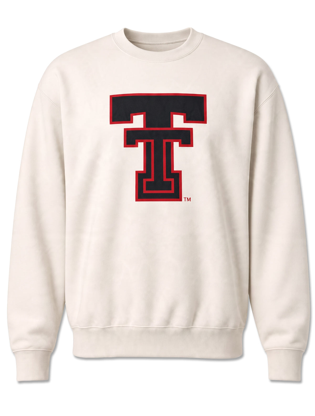 Ivory Texas Tech crewneck sweatshirt with an oversized black Double T outlined in red on the chest
