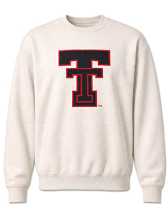 Ivory Texas Tech crewneck sweatshirt with an oversized black Double T outlined in red on the chest