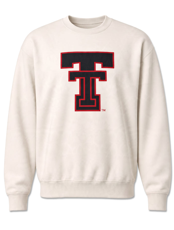 Ivory Texas Tech crewneck sweatshirt with an oversized black Double T outlined in red on the chest