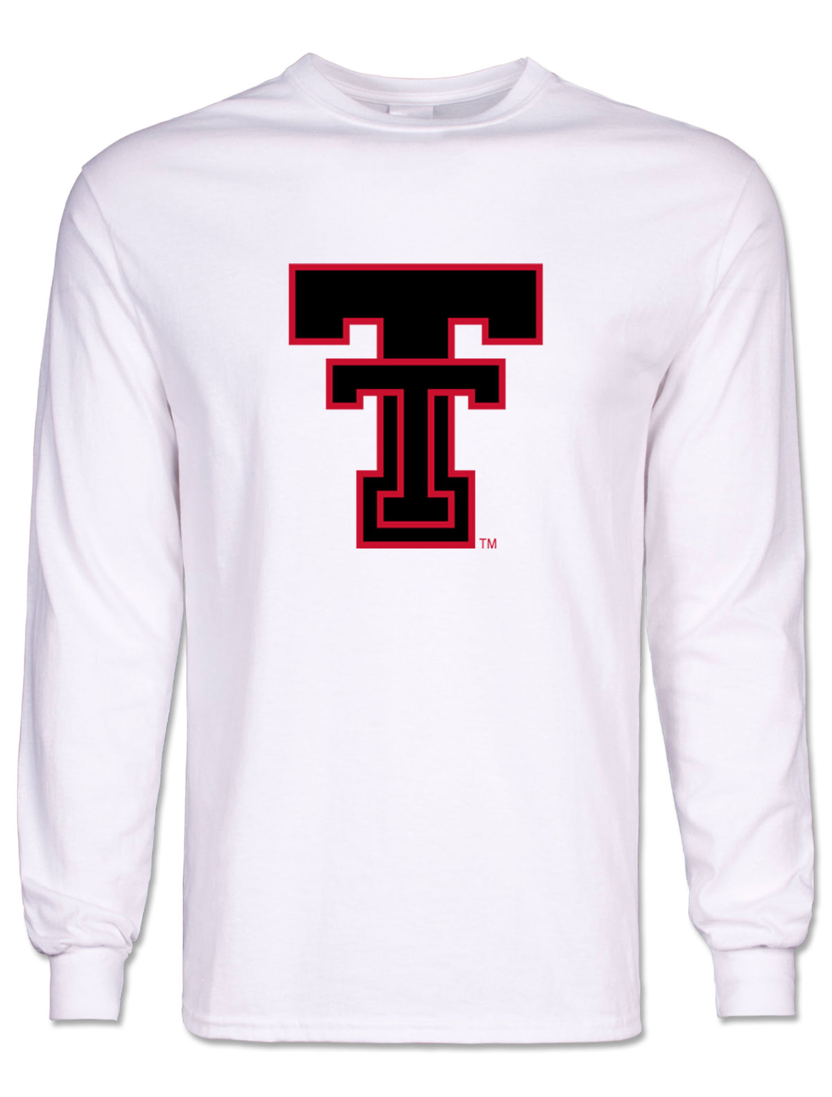 Black Double T with a red outline on a white Texas Tech long sleeve t-shirt