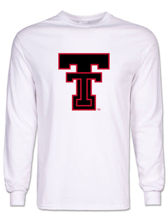 Black Double T with a red outline on a white Texas Tech long sleeve t-shirt