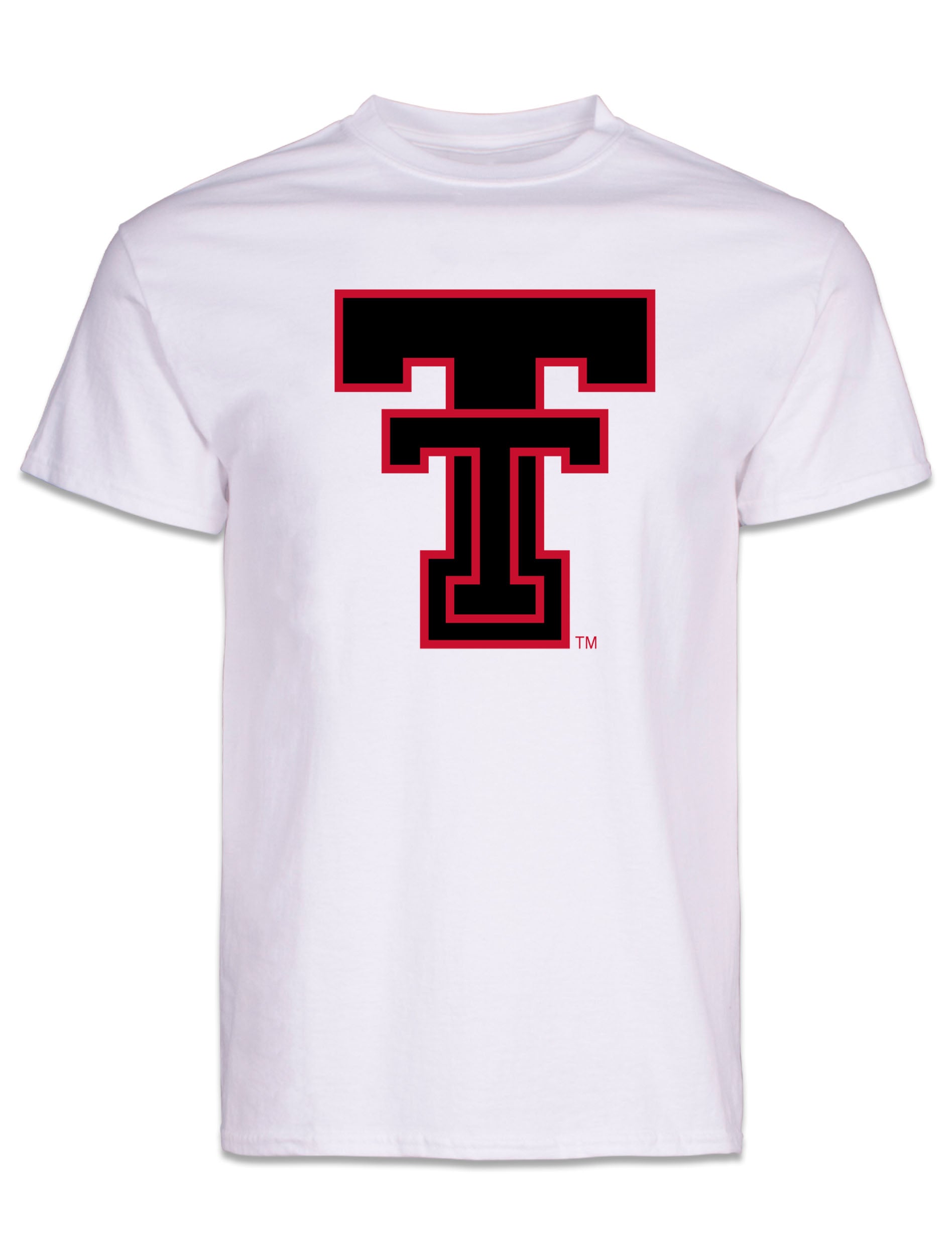 White Texas Tech tee with an oversized black Double T outlined in red on the chest