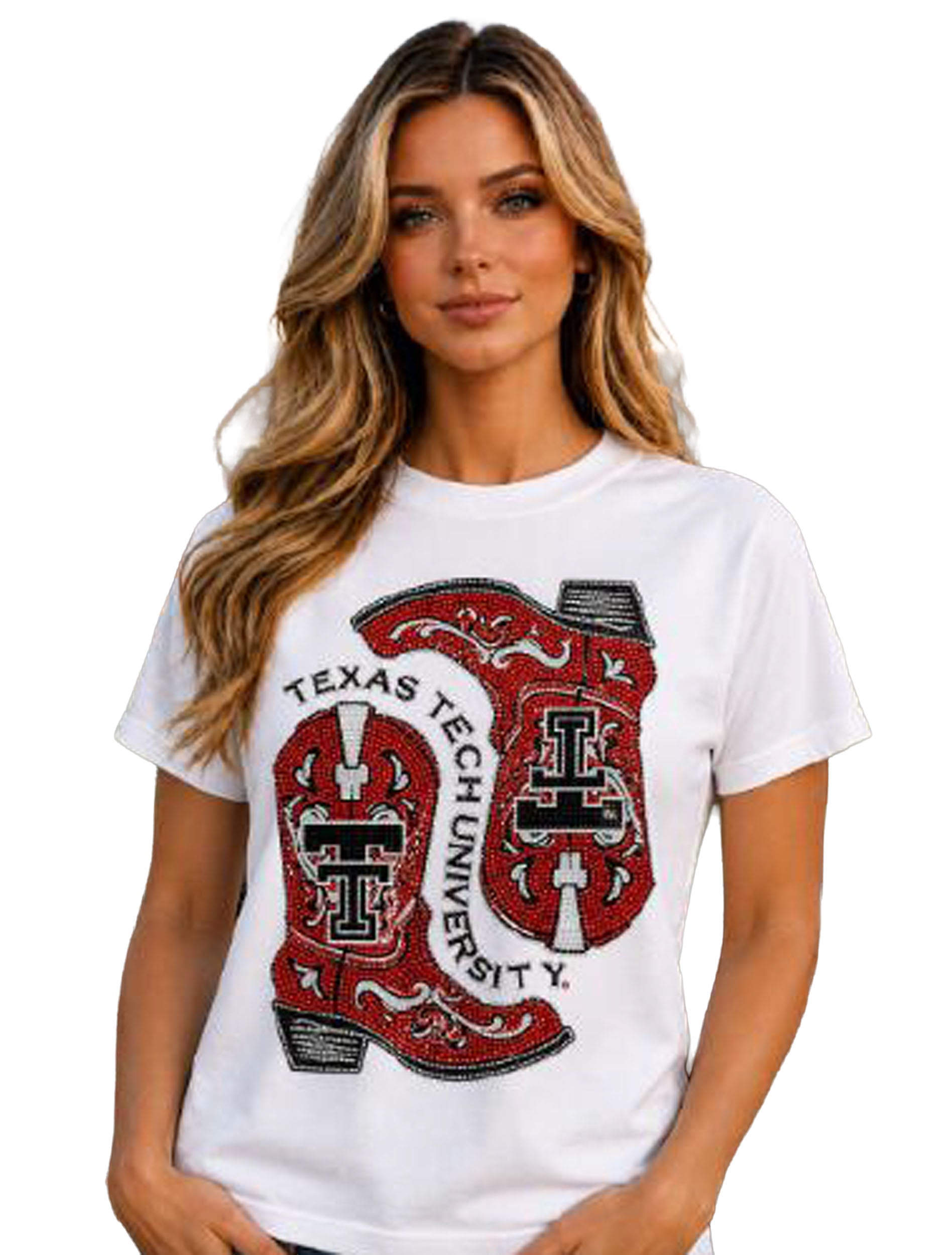 White Texas Tech blouse with two red rhinestone cowboy boots across the front, each set with a Double T, and TEXAS TECH UNIVERSITY arched around them in rhinestones