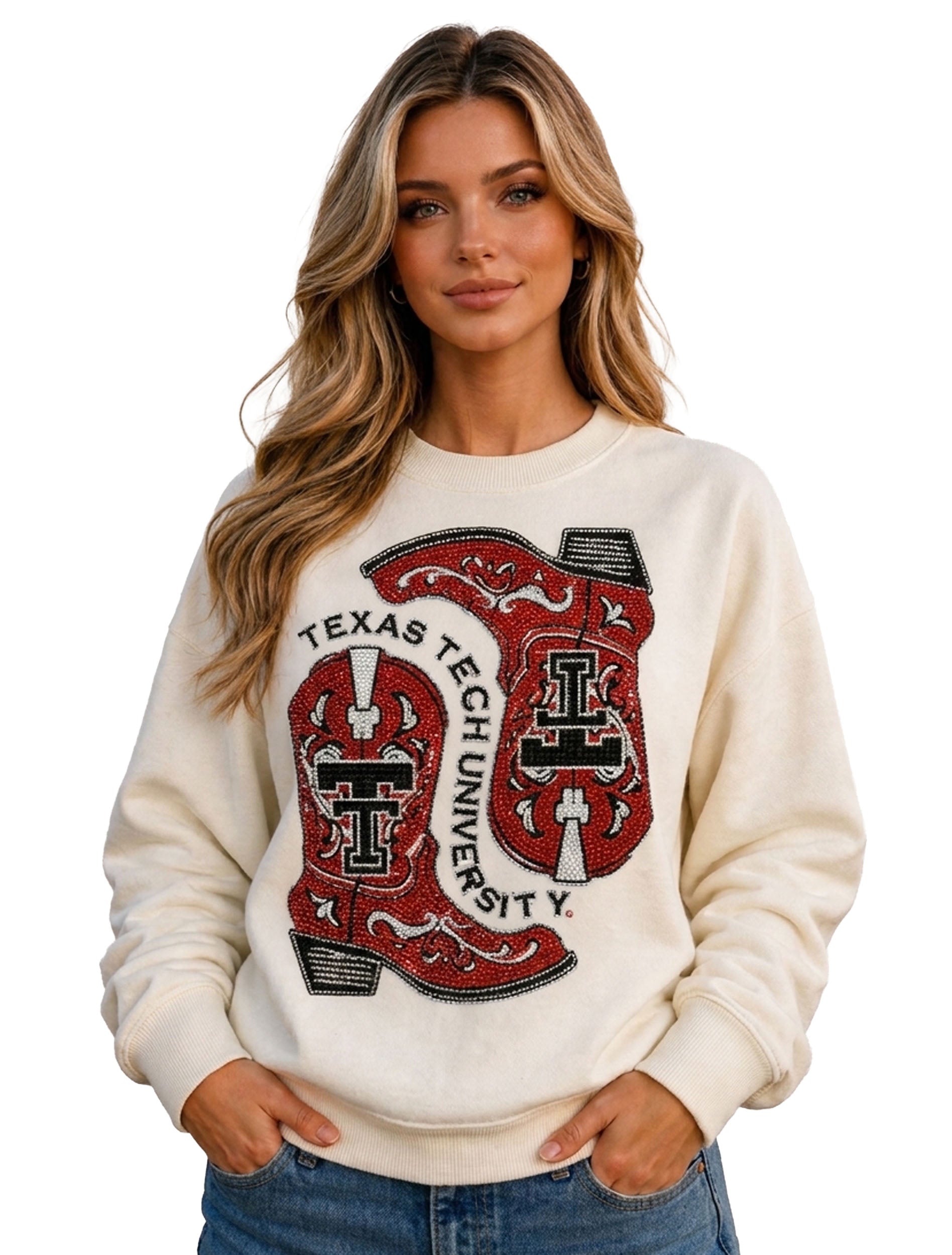 Model wearing the Texas Tech crewneck sweatshirt with two rhinestone cowboy boots on the front and TEXAS TECH UNIVERSITY arched between them