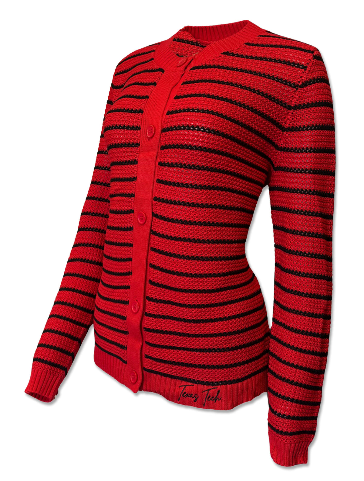 Texas Tech Bordeaux red knit button-front cardigan with black stripes and Texas Tech in black script near the front hem