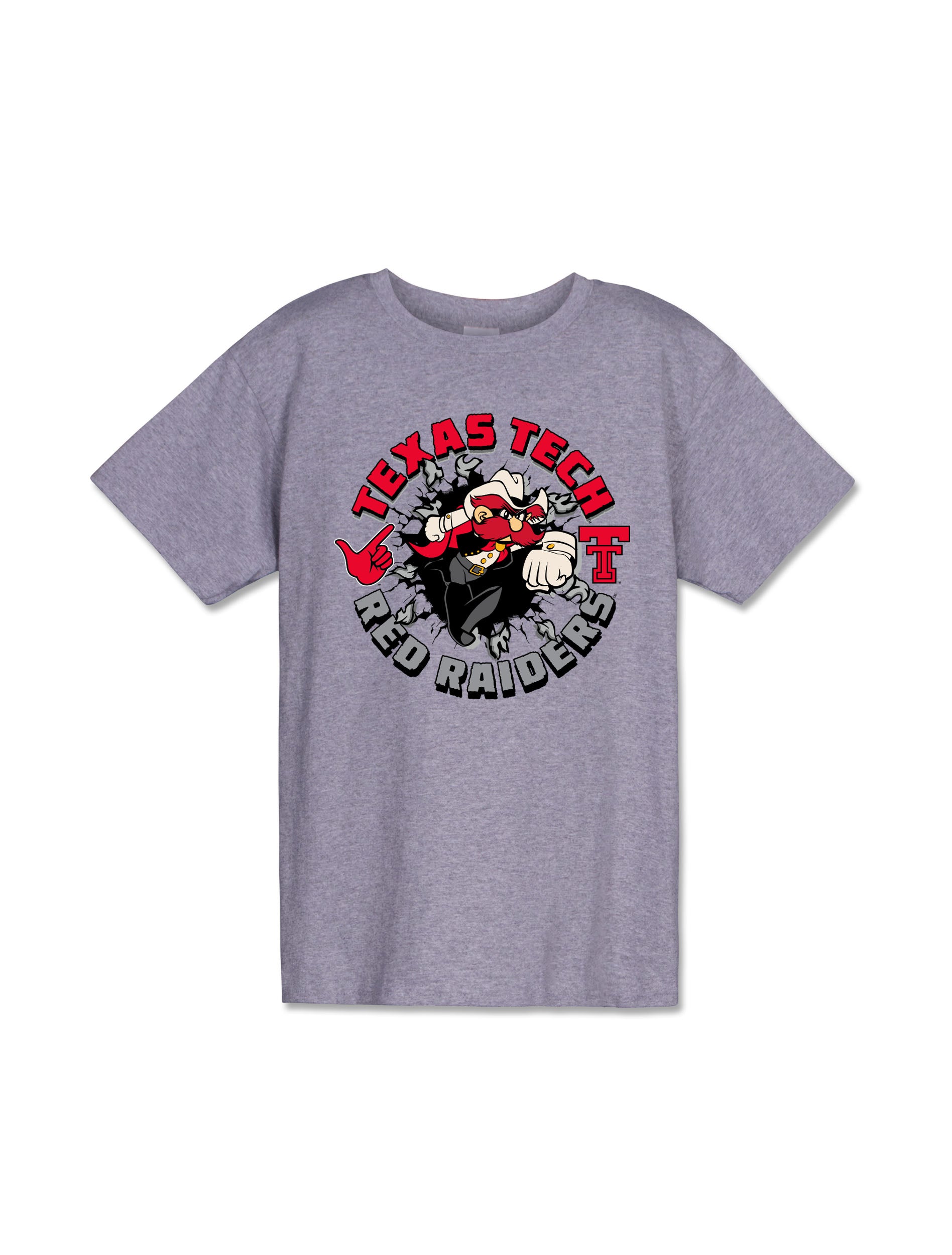 Texas Tech Red Raiders grey youth t-shirt with Raider Red bursting through a cracked wall inside a circular "Break on Through" graphic
