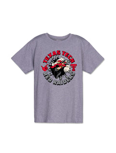 Texas Tech Red Raiders grey youth t-shirt with Raider Red bursting through a cracked wall inside a circular "Break on Through" graphic