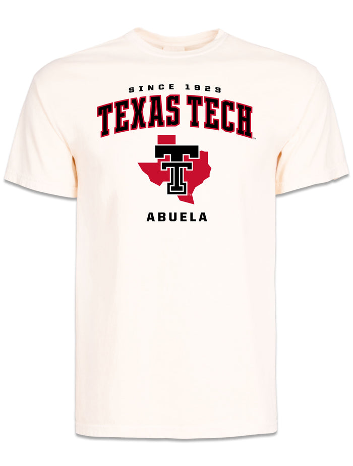 Off-white Texas Tech Abuela short sleeve t-shirt with SINCE 1923, TEXAS TECH arched in black, and a Double T over the state of Texas