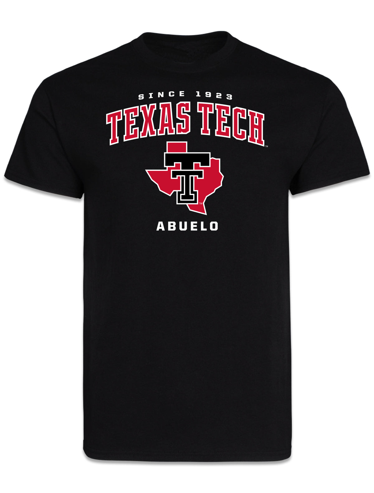 Black Texas Tech Abuelo short sleeve t-shirt with SINCE 1923, TEXAS TECH arched in red, and a Double T over the state of Texas