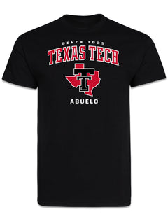 Black Texas Tech Abuelo short sleeve t-shirt with SINCE 1923, TEXAS TECH arched in red, and a Double T over the state of Texas