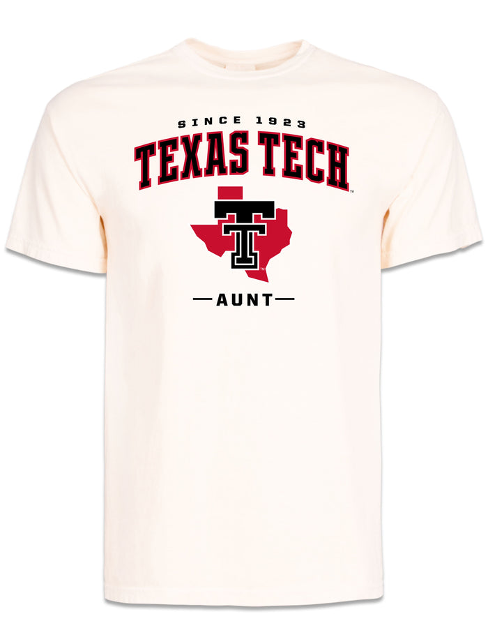 Off-white Texas Tech Aunt short sleeve t-shirt with SINCE 1923, TEXAS TECH arched in black, and a Double T over the state of Texas