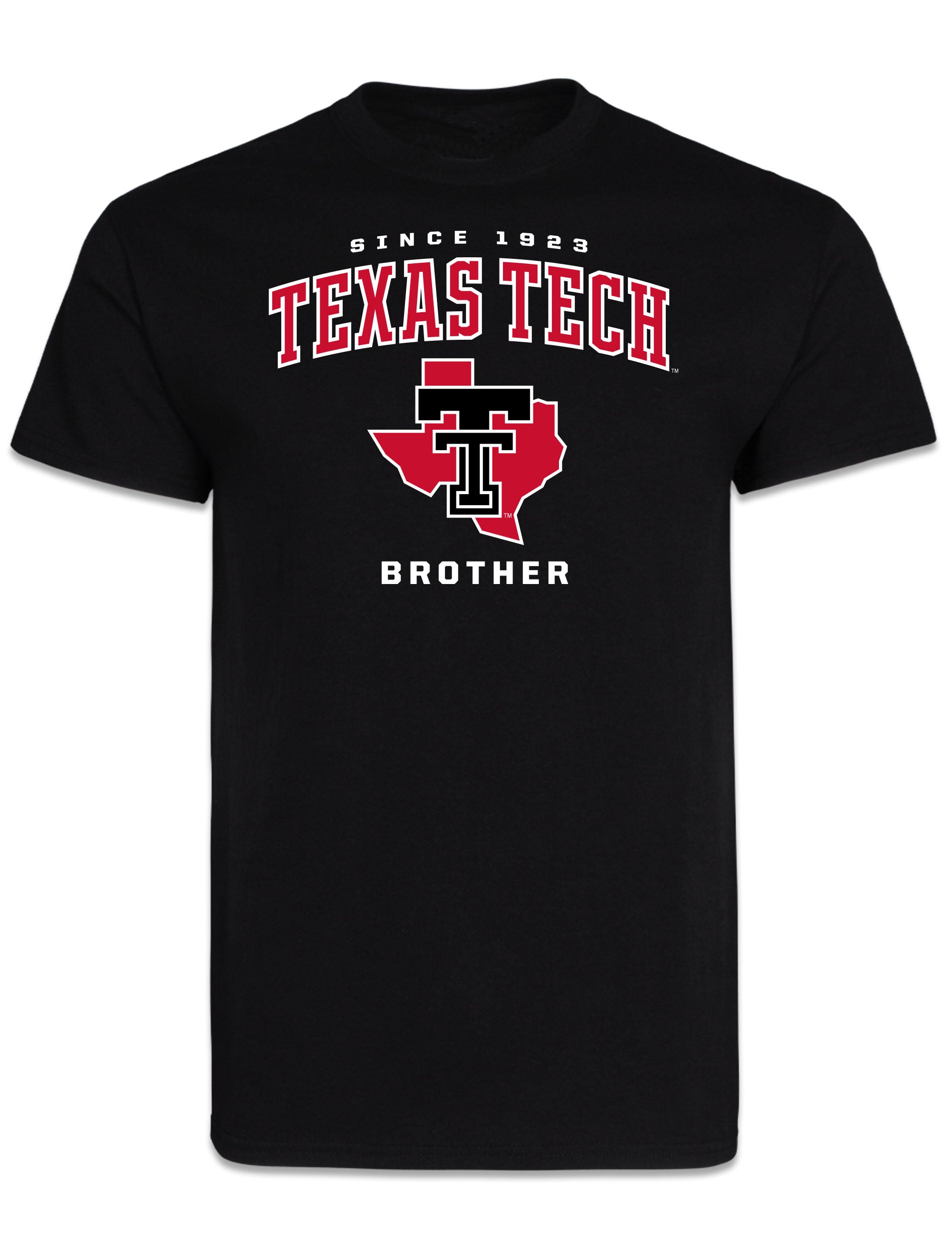 Black Texas Tech Brother short sleeve t-shirt with SINCE 1923, TEXAS TECH arched in red, and a Double T over the state of Texas