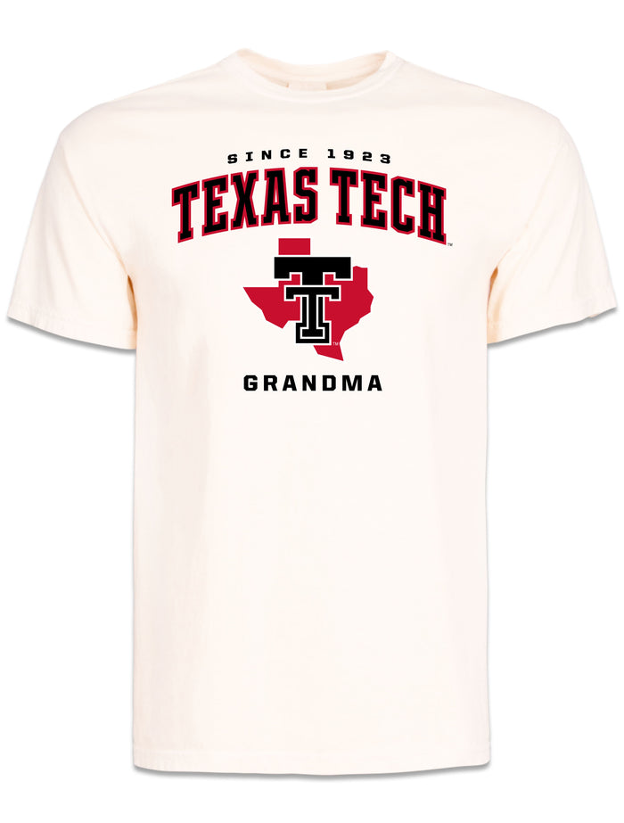 Off-white Texas Tech Grandma short sleeve t-shirt with SINCE 1923, TEXAS TECH arched in black, and a Double T over the state of Texas