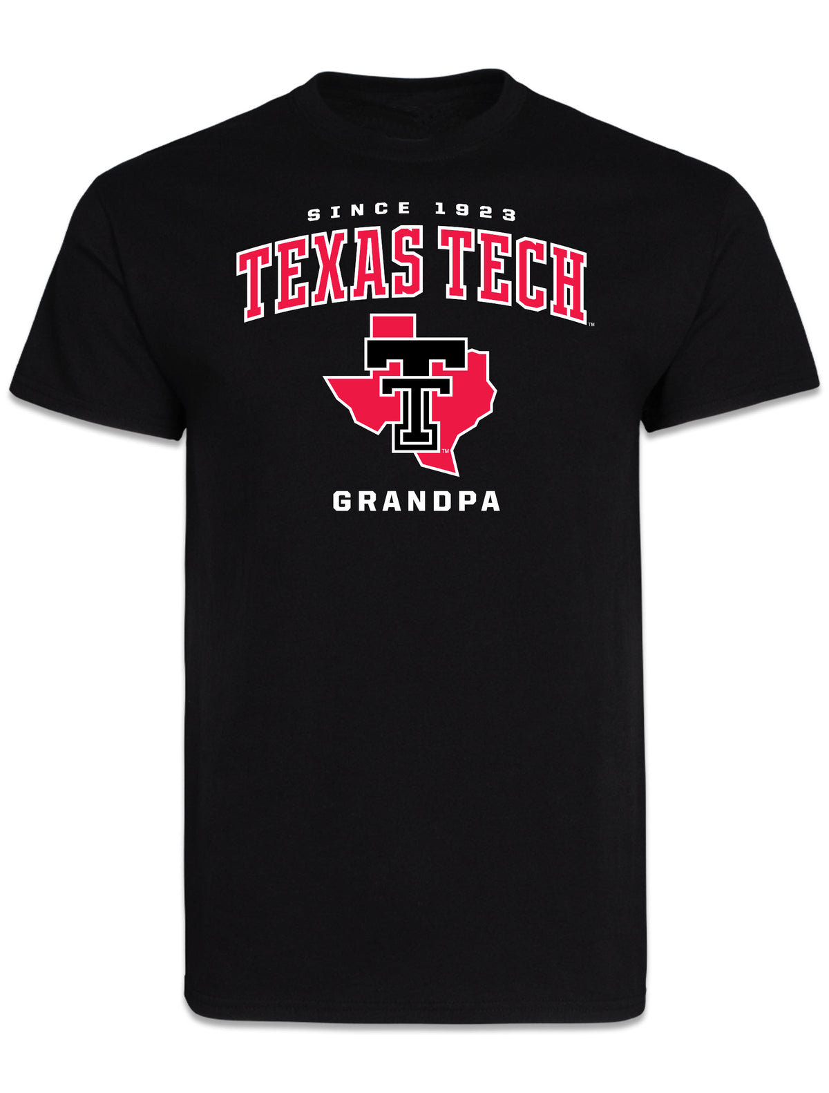 Black Texas Tech Grandpa short sleeve t-shirt with SINCE 1923, TEXAS TECH arched in red, and a Double T over the state of Texas