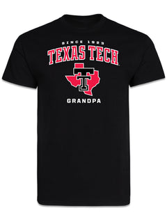 Black Texas Tech Grandpa short sleeve t-shirt with SINCE 1923, TEXAS TECH arched in red, and a Double T over the state of Texas
