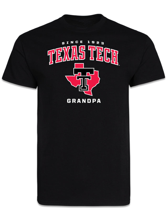 Black Texas Tech Grandpa short sleeve t-shirt with SINCE 1923, TEXAS TECH arched in red, and a Double T over the state of Texas