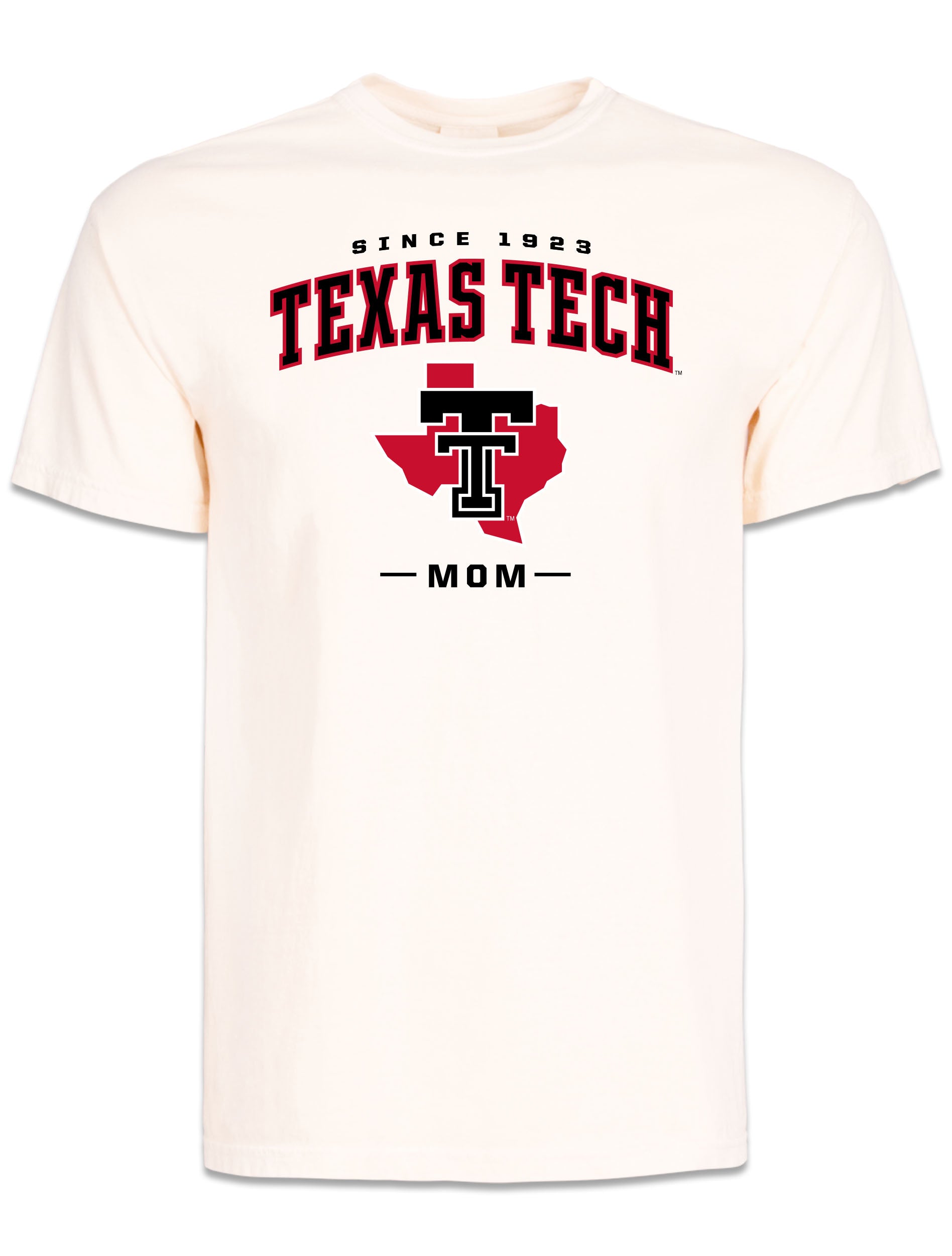 Off-white Texas Tech Mom short sleeve t-shirt with SINCE 1923, TEXAS TECH arched in black, and a Double T over the state of Texas