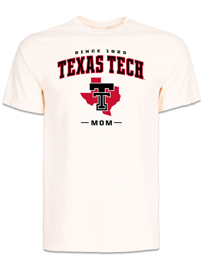 Off-white Texas Tech Mom short sleeve t-shirt with SINCE 1923, TEXAS TECH arched in black, and a Double T over the state of Texas