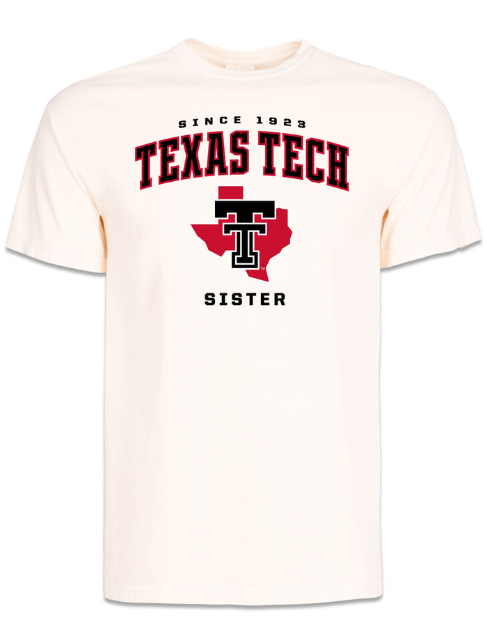 Off-white Texas Tech Sister short sleeve t-shirt with SINCE 1923, TEXAS TECH arched in black, and a Double T over the state of Texas