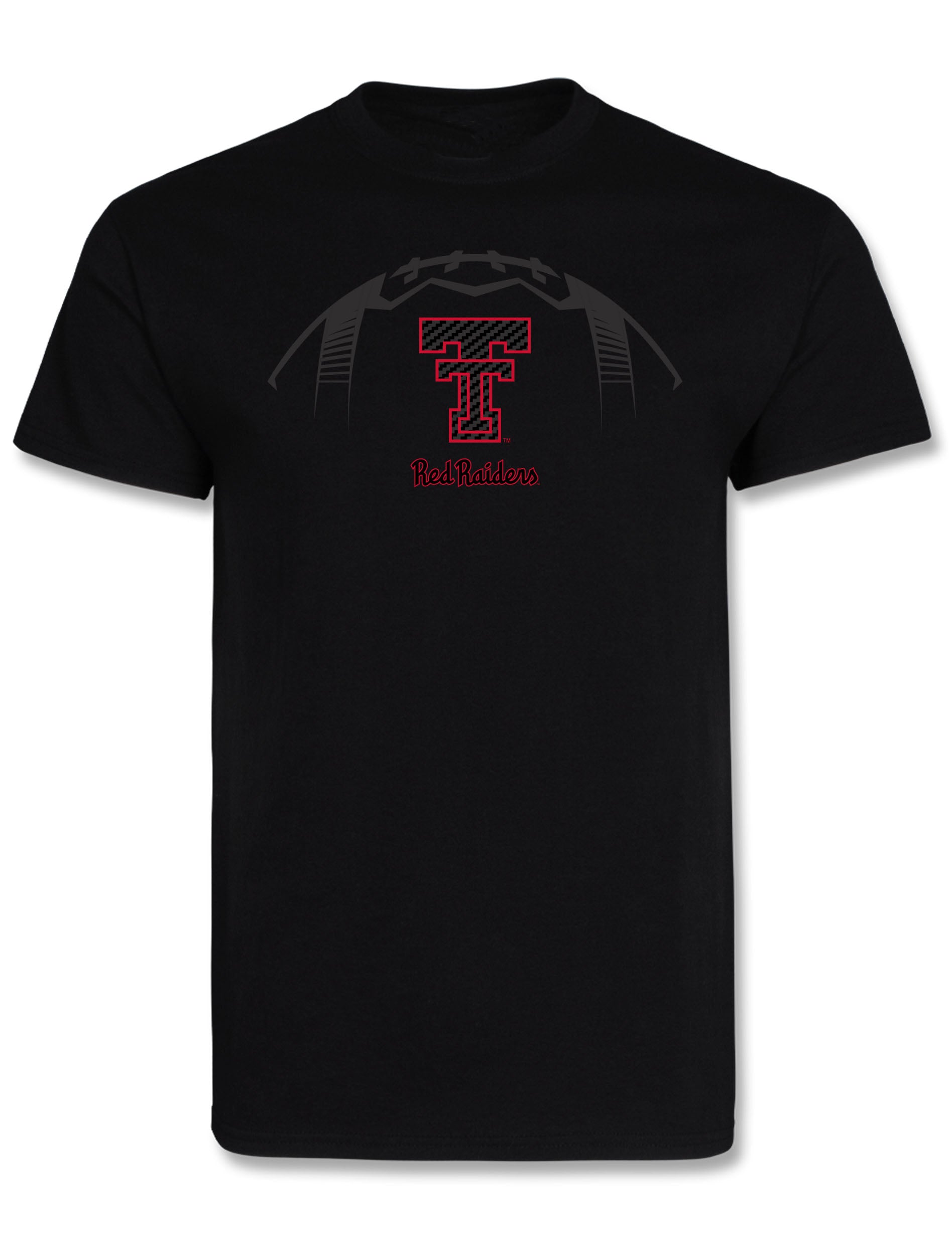 Black Texas Tech Dark Fall Football t-shirt with a tonal football across the chest, a carbon fiber Double T outlined in red and Red Raiders in red script