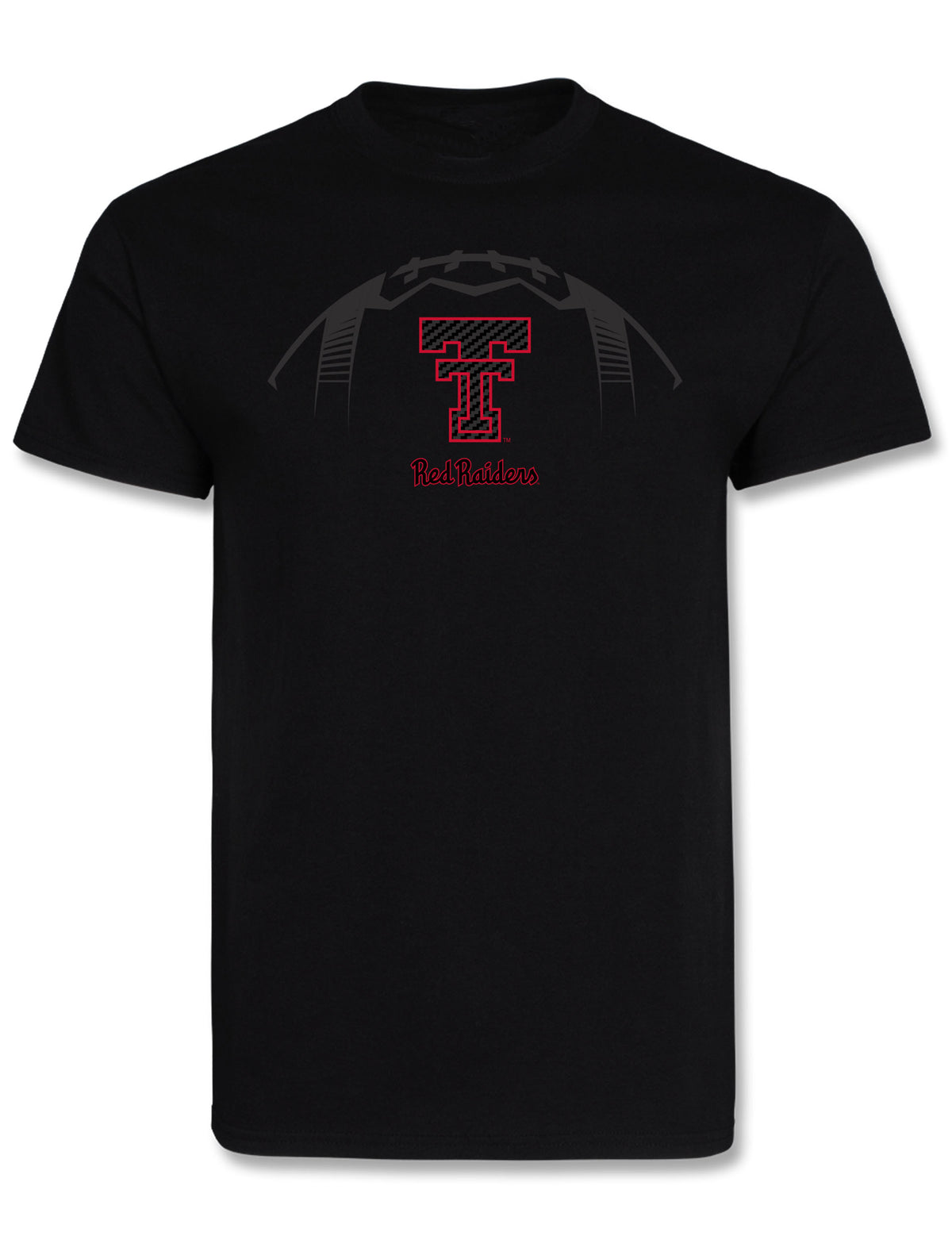 Black Texas Tech Dark Fall Football t-shirt with a tonal football across the chest, a carbon fiber Double T outlined in red and Red Raiders in red script