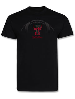 Black Texas Tech Dark Fall Football t-shirt with a tonal football across the chest, a carbon fiber Double T outlined in red and Red Raiders in red script