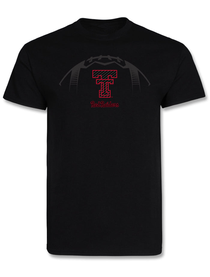 Black Texas Tech Dark Fall Football t-shirt with a tonal football across the chest, a carbon fiber Double T outlined in red and Red Raiders in red script