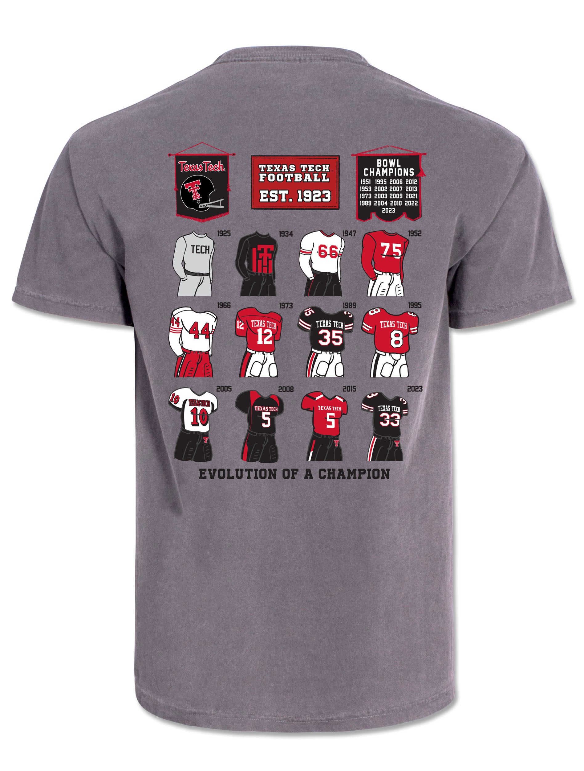 Back of the grey Texas Tech tee showing twelve football uniforms dated 1925 to 2023 under banners for Texas Tech Football Est. 1923 and Bowl Champions