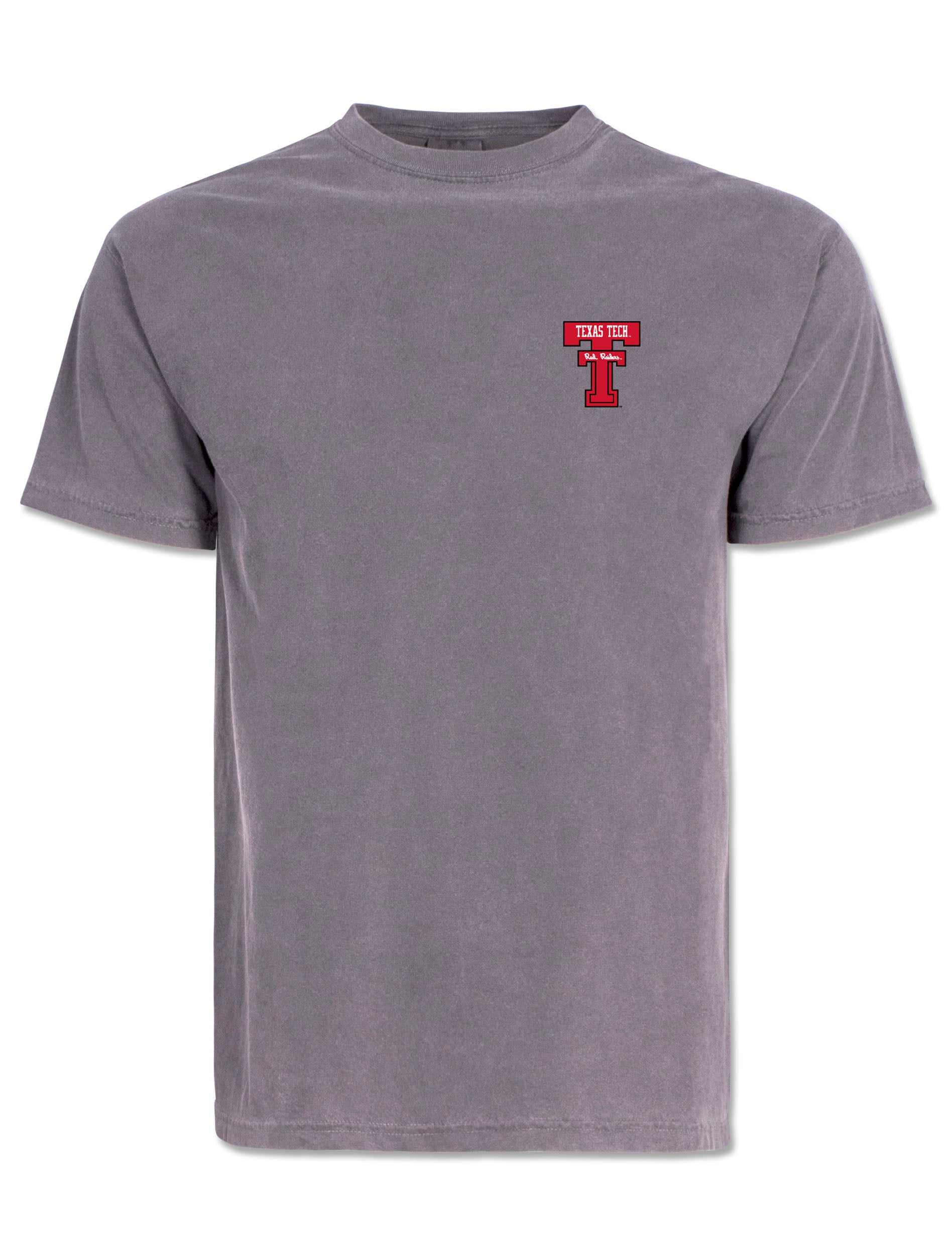 Front of the grey Texas Tech tee with a Double T and Red Raiders script at the left chest