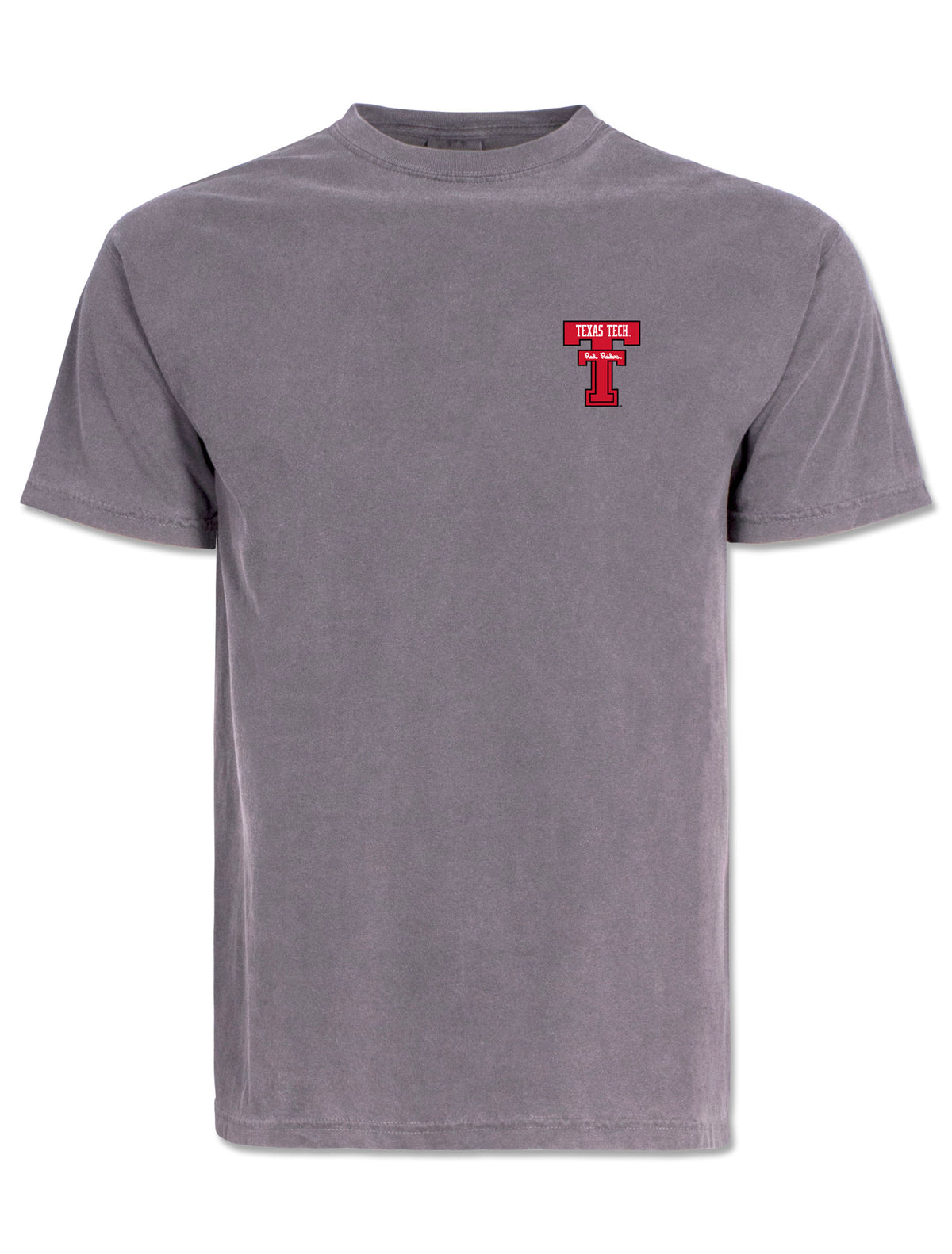 Front of the grey Texas Tech tee with a Double T and Red Raiders script at the left chest