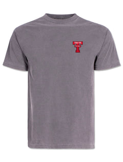 Front of the grey Texas Tech tee with a Double T and Red Raiders script at the left chest