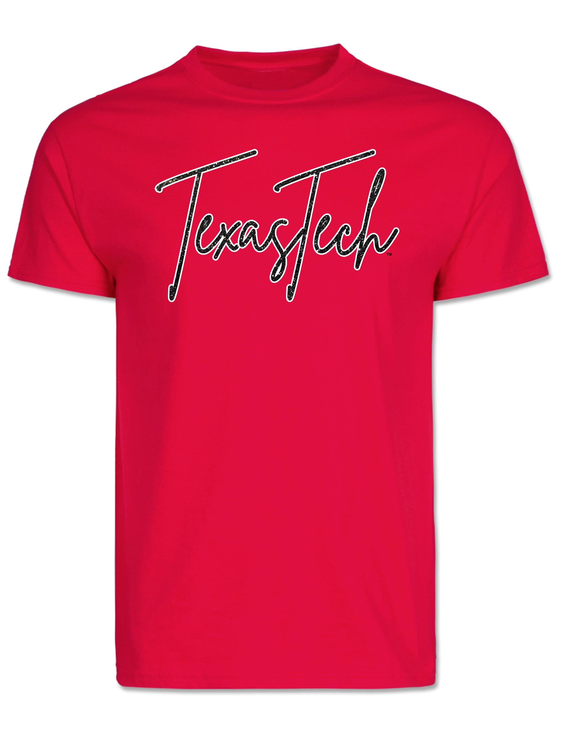 Red Texas Tech t-shirt with Texas Tech across the chest in a fine line cursive script, black glitter with a white outline